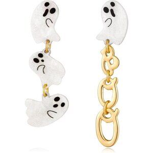 👻 Asymmetric Halloween Ghost Stud Earrings – Mismatched Glitter Ghost & Chain